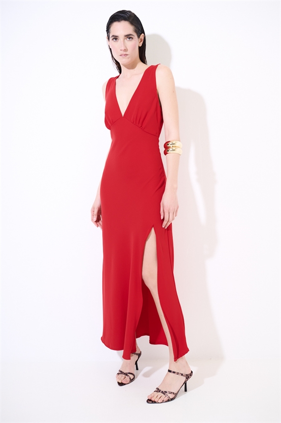 ABITO LUNGO SMANICATO CON SPACCO TESSUTO FLUIDO ROSSO