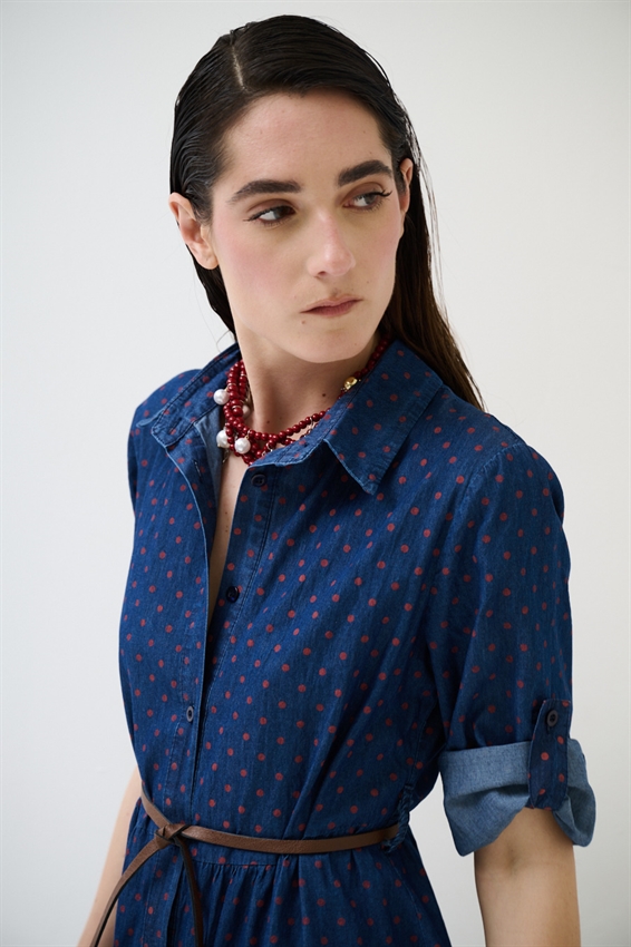 ABITO CHEMISIER A POIS CON MEZZA MANICA ROSSO/BLU