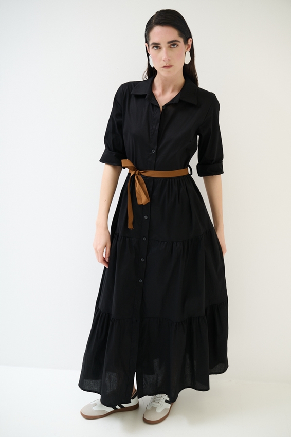 ABITO CHEMISIER LUNGO CON BALZE E MANICA A 3/4 NERO