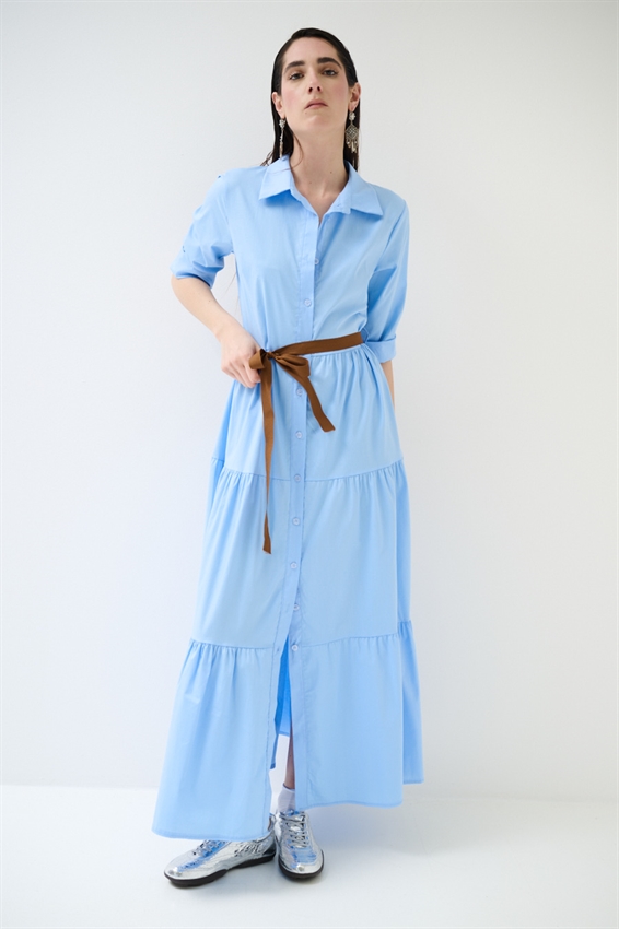 ABITO CHEMISIER LUNGO CON BALZE E MANICA A 3/4 CELESTE