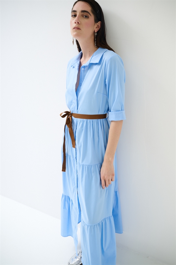 ABITO CHEMISIER LUNGO CON BALZE E MANICA A 3/4 CELESTE