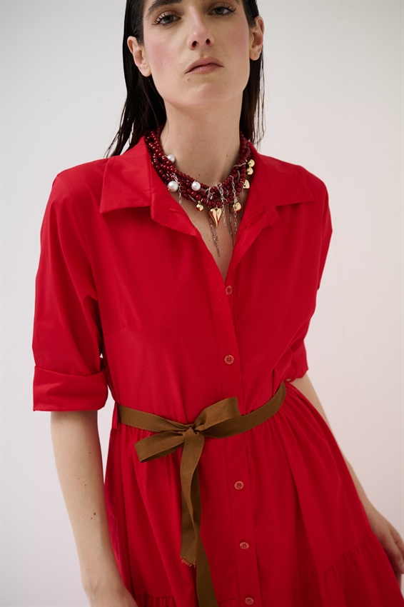 ABITO CHEMISIER LUNGO CON BALZE E MANICA A 3/4 ROSSO