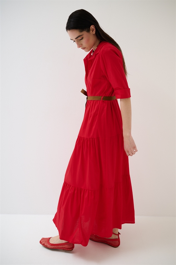 ABITO CHEMISIER LUNGO CON BALZE E MANICA A 3/4 ROSSO