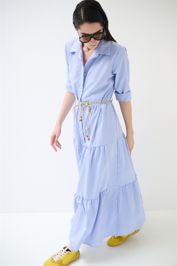 ABITO CHEMISIER LUNGO A QUADRETTI CON BALZE CELESTE