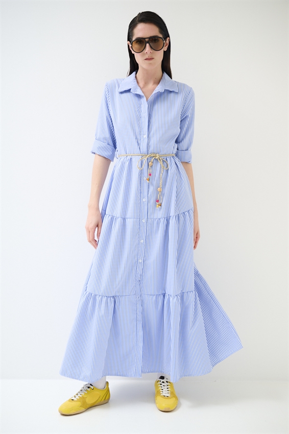 ABITO CHEMISIER LUNGO A QUADRETTI CON BALZE CELESTE