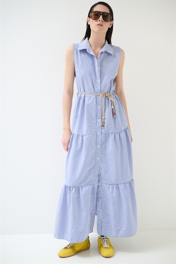 ABITO LUNGO SMANICATO CON BALZA A RIGHE BLU