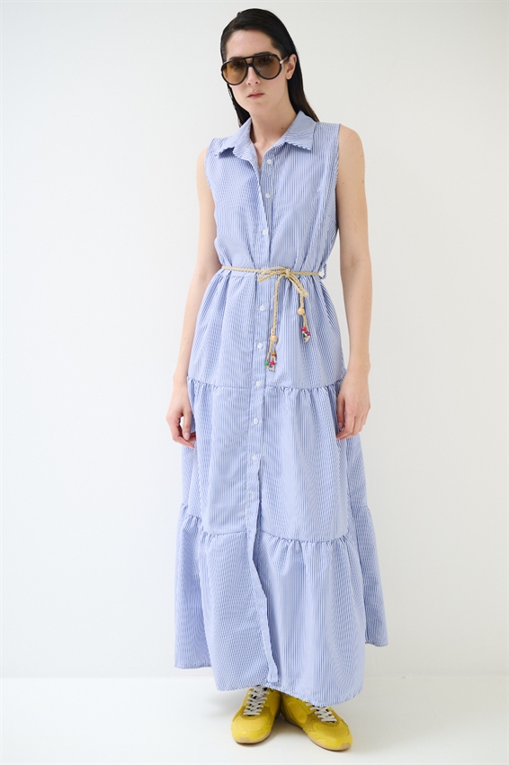 ABITO LUNGO SMANICATO CON BALZA A RIGHE BLU