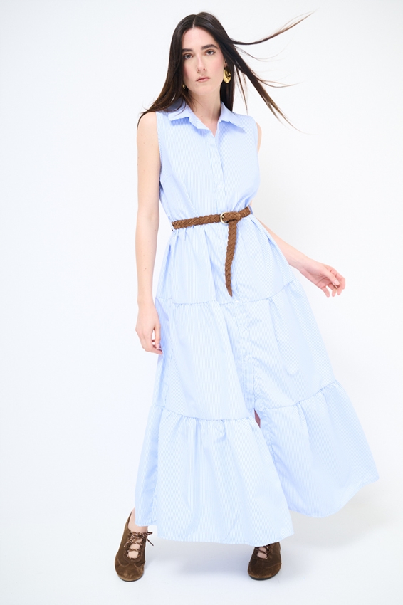 ABITO LUNGO SMANICATO CON BALZA A RIGHE CELESTE