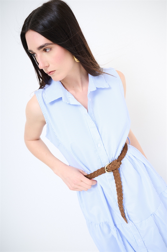 ABITO LUNGO SMANICATO CON BALZA A RIGHE CELESTE