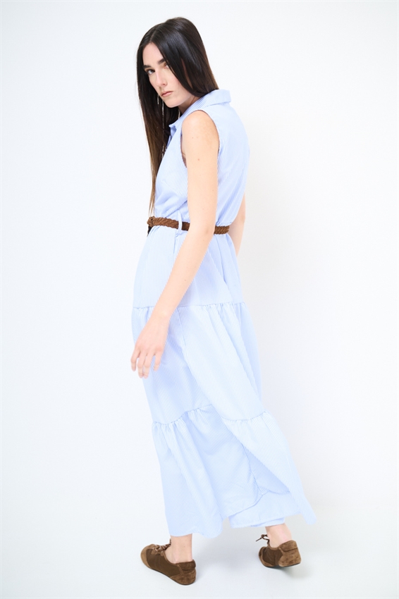 ABITO LUNGO SMANICATO CON BALZA A RIGHE CELESTE