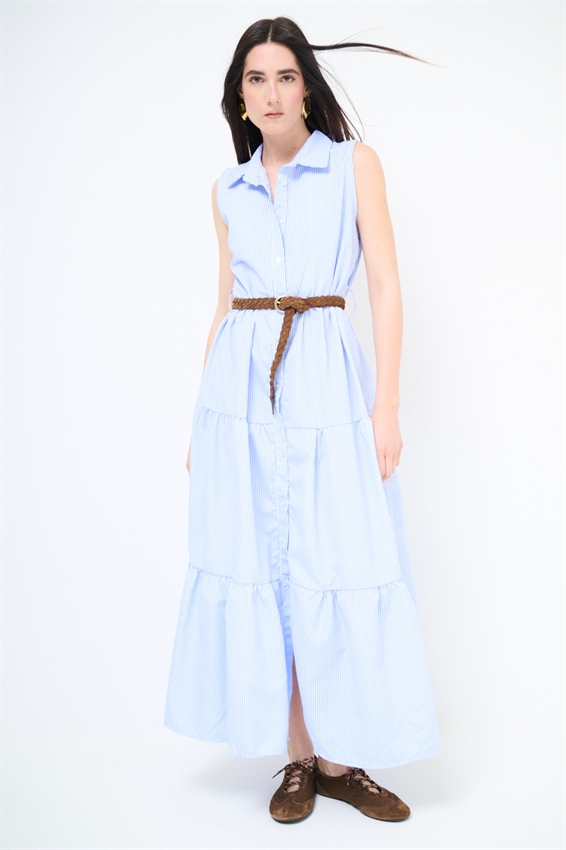 ABITO LUNGO SMANICATO CON BALZA A RIGHE CELESTE