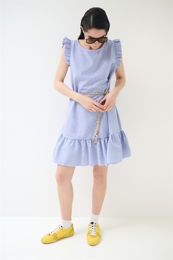 ABITO CORTO CON BALZA A RIGHE BLU