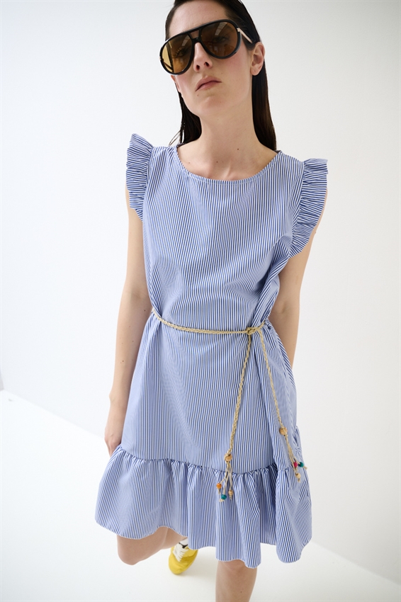 ABITO CORTO CON BALZA A RIGHE BLU