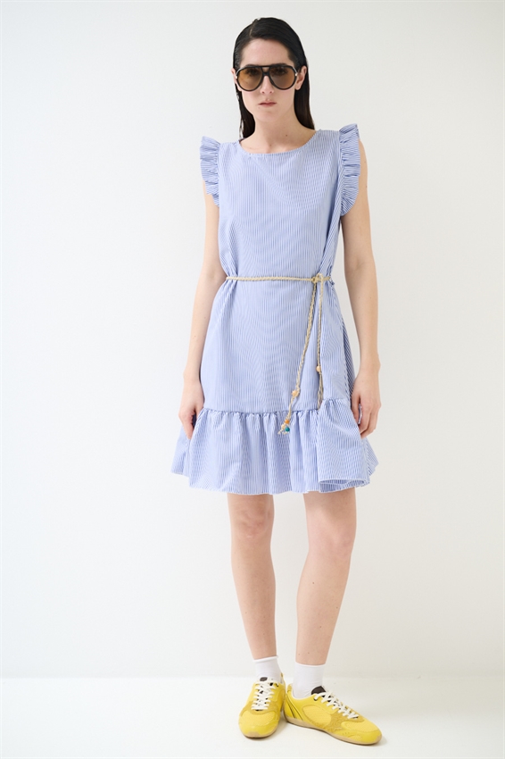 ABITO CORTO CON BALZA A RIGHE BLU