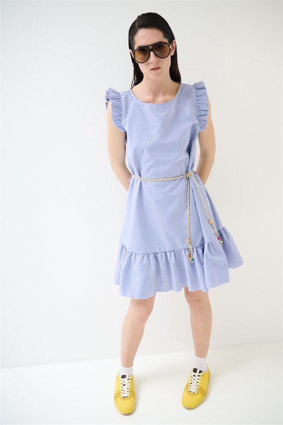 ABITO CORTO CON BALZA A RIGHE BLU