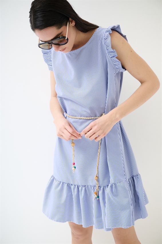 ABITO CORTO CON BALZA A RIGHE BLU