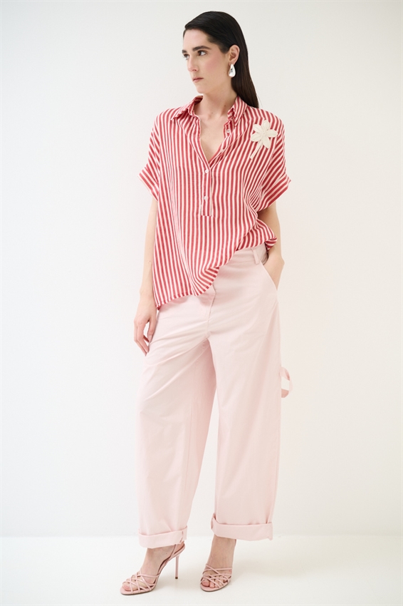 CAMICIA IN TENCEL A RIGHE CON MANICA CORTA ROSSO