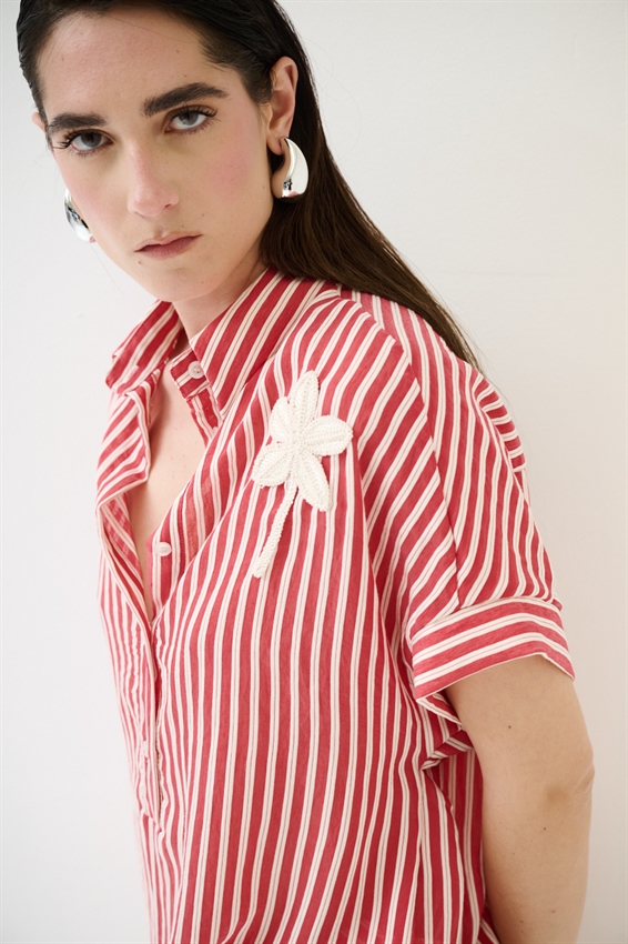 CAMICIA IN TENCEL A RIGHE CON MANICA CORTA ROSSO