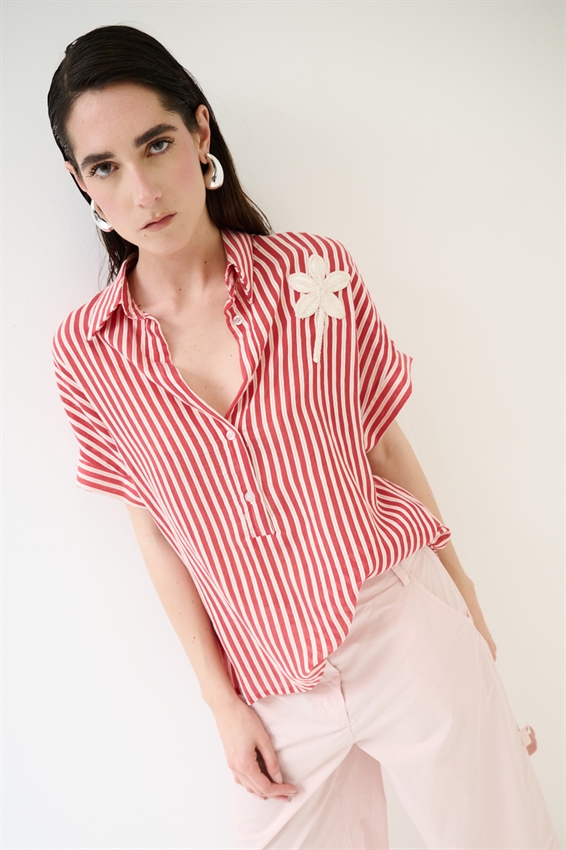 CAMICIA IN TENCEL A RIGHE CON MANICA CORTA ROSSO