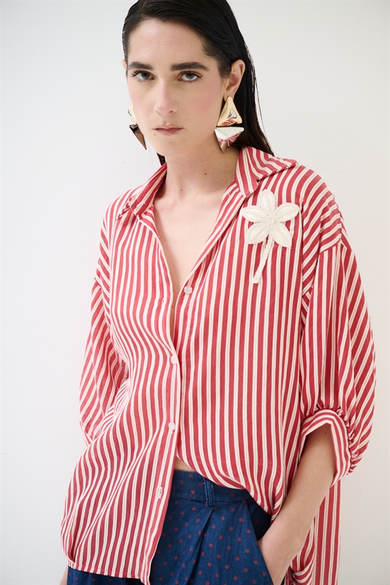 CAMICIA OVER IN TENCEL A RIGHE ROSSO