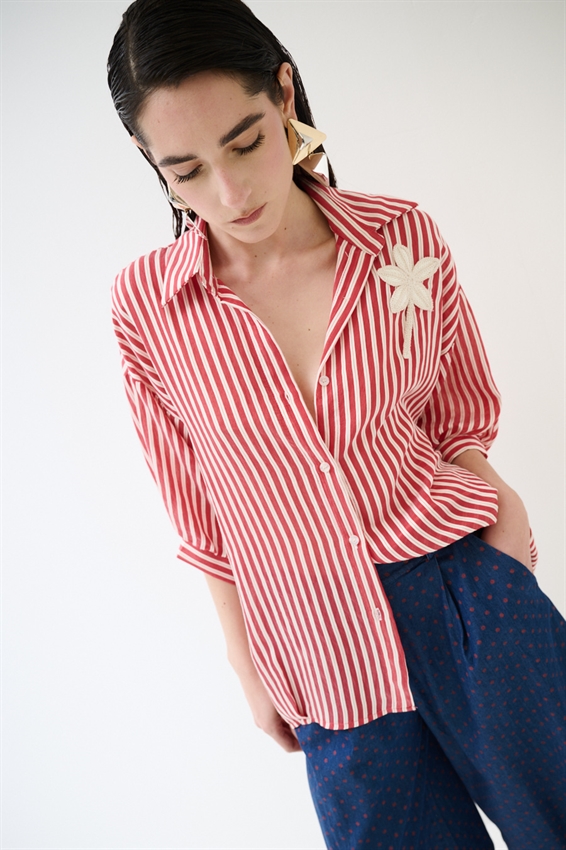 CAMICIA OVER IN TENCEL A RIGHE ROSSO