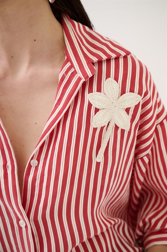 CAMICIA OVER IN TENCEL A RIGHE ROSSO