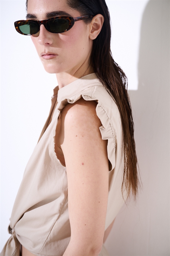 CAMICIA SMANICATA CON NODO IN POPELINE BEIGE