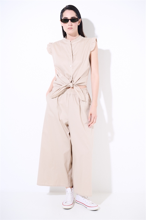 CAMICIA SMANICATA CON NODO IN POPELINE BEIGE