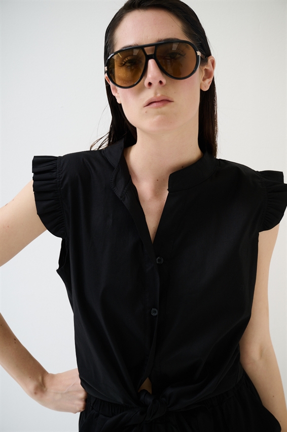 CAMICIA SMANICATA CON NODO IN POPELINE NERO