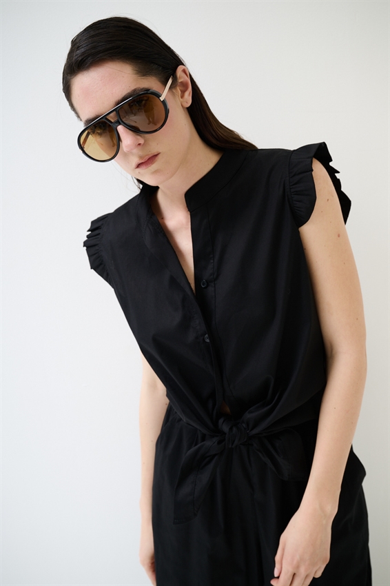 CAMICIA SMANICATA CON NODO IN POPELINE NERO