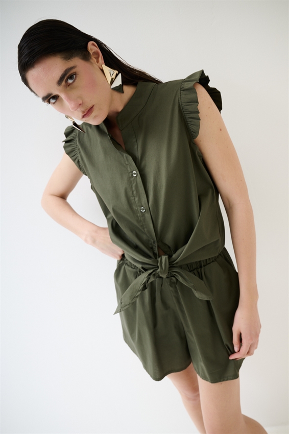 CAMICIA SMANICATA CON NODO IN POPELINE VERDE MILITARE
