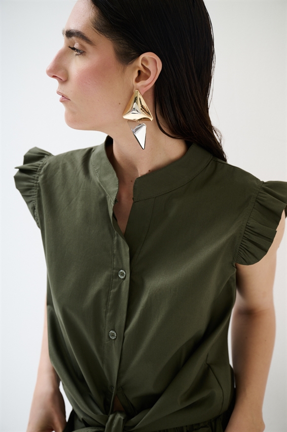 CAMICIA SMANICATA CON NODO IN POPELINE VERDE MILITARE