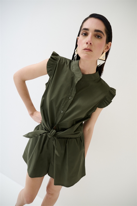 CAMICIA SMANICATA CON NODO IN POPELINE VERDE MILITARE