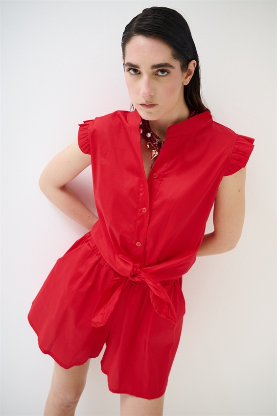 CAMICIA SMANICATA CON NODO IN POPELINE ROSSO