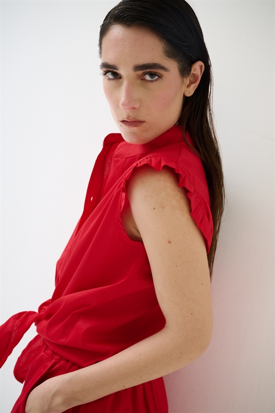 CAMICIA SMANICATA CON NODO IN POPELINE ROSSO