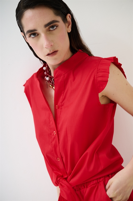 CAMICIA SMANICATA CON NODO IN POPELINE ROSSO