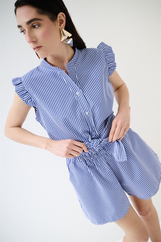 CAMICIA SMANICATA A QUADRETTI CON NODO BLU