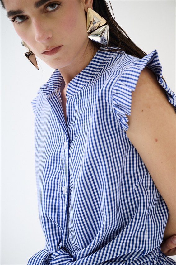 CAMICIA SMANICATA A QUADRETTI CON NODO BLU