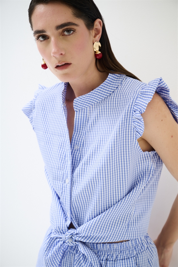 CAMICIA SMANICATA A QUADRETTI CON NODO CELESTE