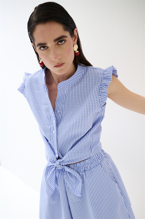 CAMICIA SMANICATA A QUADRETTI CON NODO CELESTE