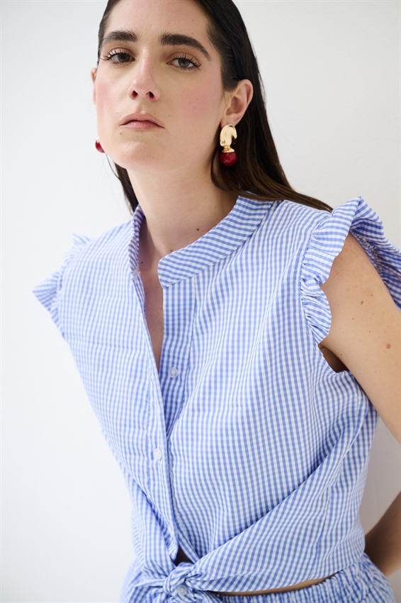 CAMICIA SMANICATA A QUADRETTI CON NODO CELESTE