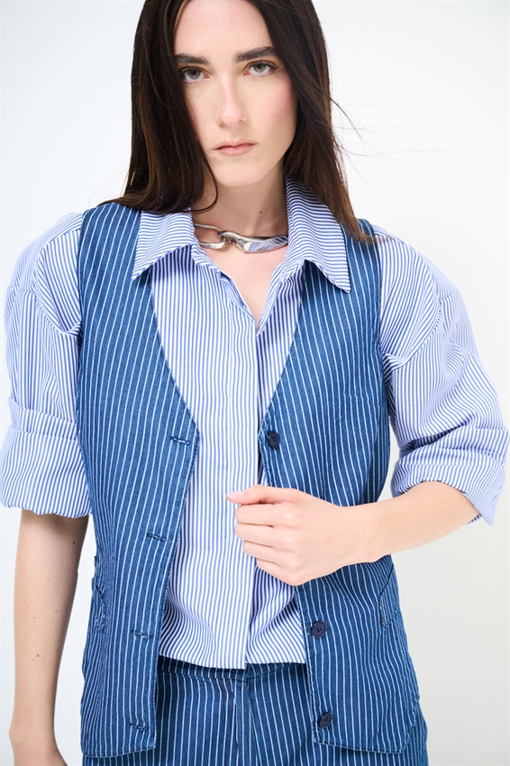 GILET CHAMBRAY A RIGHE BIANCO/BLU