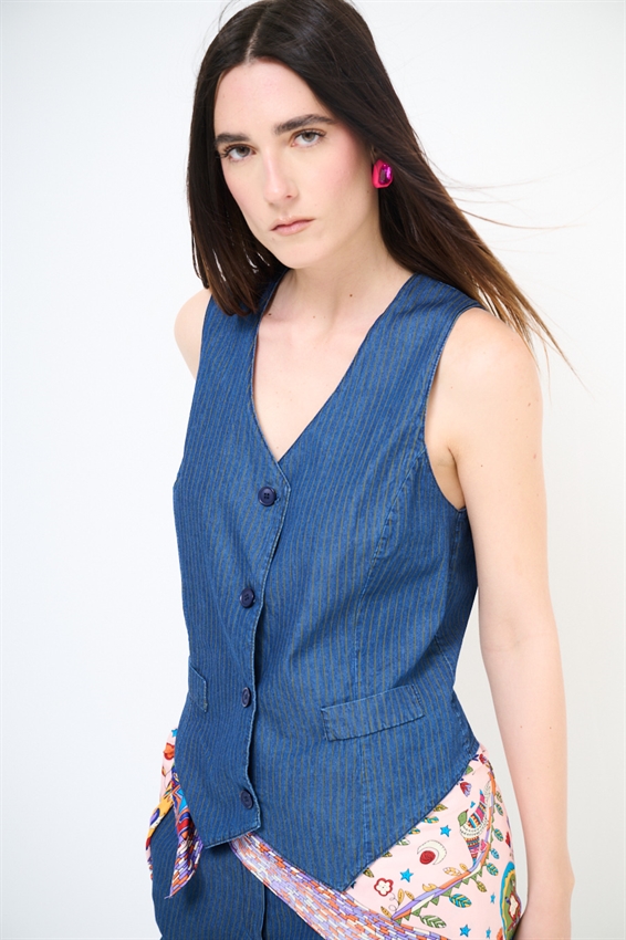 GILET CHAMBRAY A RIGHE VERDE MILITARE/BLU