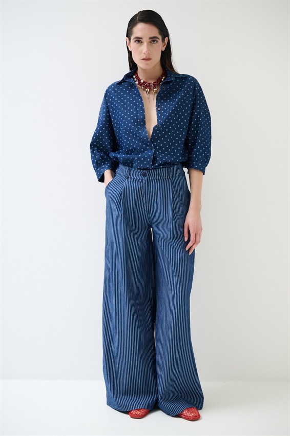 PANTA PALAZZO IN CAHMBRAY A RIGHE BIANCO/BLU