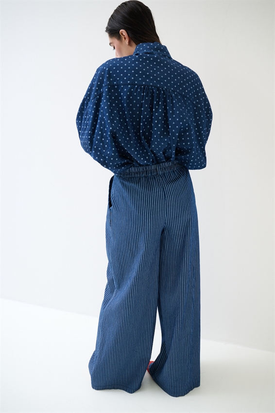 PANTA PALAZZO IN CAHMBRAY A RIGHE BIANCO/BLU