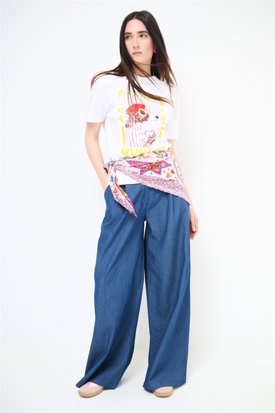 PANTA PALAZZO IN CAHMBRAY A RIGHE VERDE MILITARE/BLU