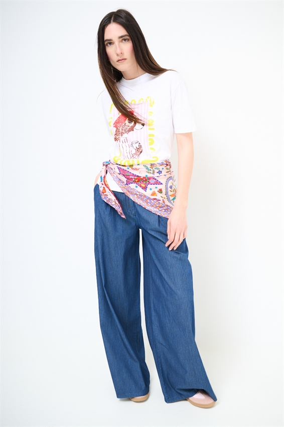 PANTA PALAZZO IN CAHMBRAY A RIGHE VERDE MILITARE/BLU