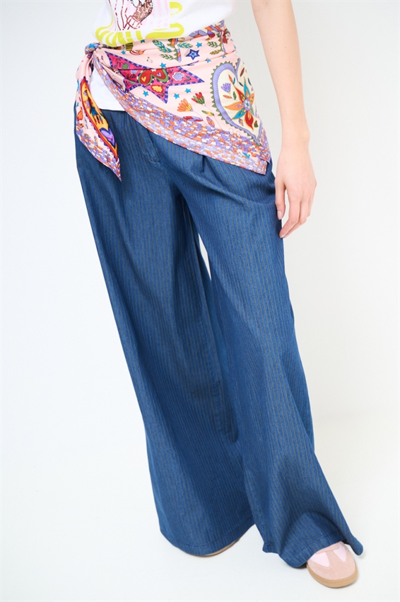 PANTA PALAZZO IN CAHMBRAY A RIGHE VERDE MILITARE/BLU