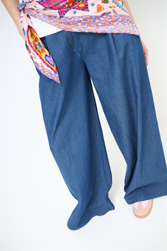 PANTA PALAZZO IN CAHMBRAY A RIGHE VERDE MILITARE/BLU