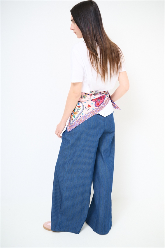 PANTA PALAZZO IN CAHMBRAY A RIGHE VERDE MILITARE/BLU